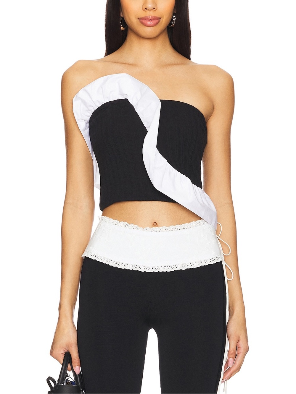 Free People Jagger Knit Tube Ruffle Black And White Crop Top Sz Medium NWT